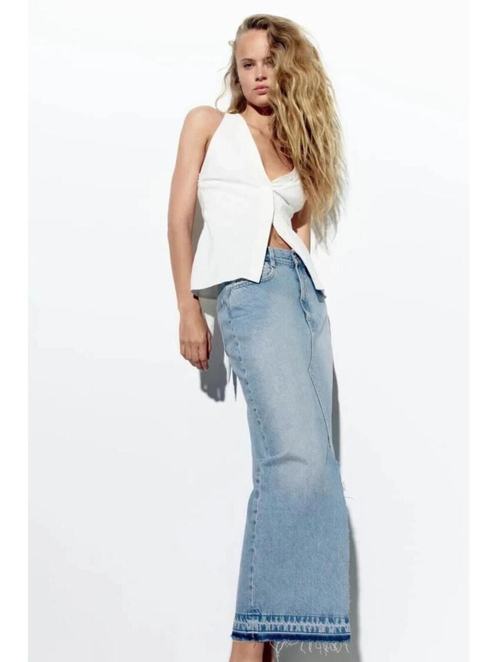 Zara Denim Front Slit Long Skirt Midi Waist Size - Large